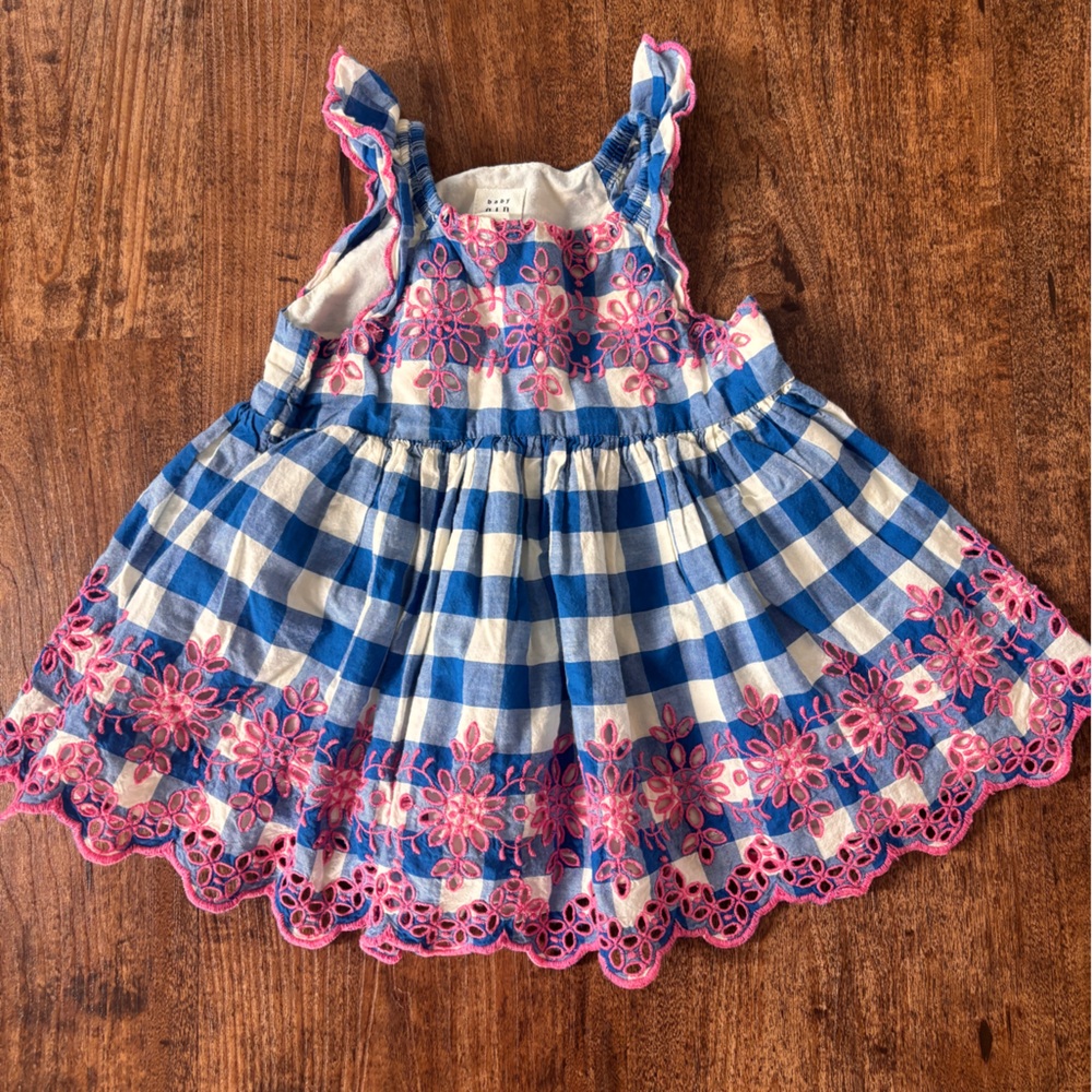 GAP Blue Gingham Bonnet with Pink Floral Lace Trim